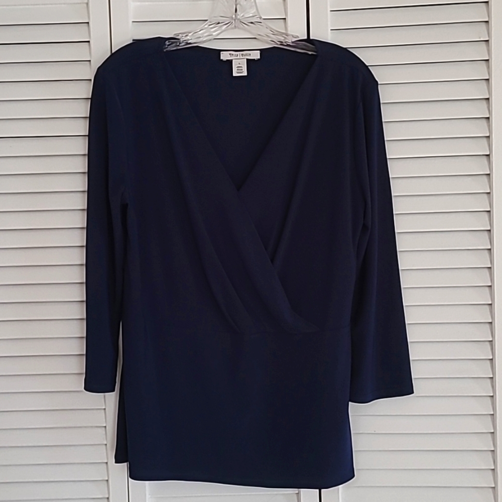 Navy blue mock wrap silky feel top